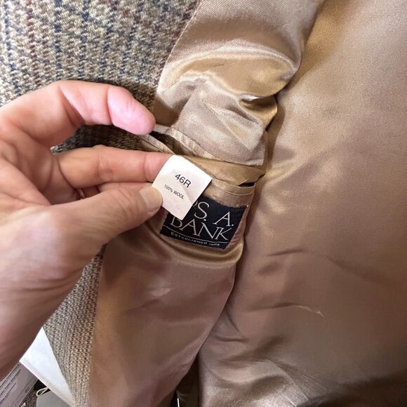 Jos. A. Bank Tan Gray Wine Houndstooth Check Wool 2 Button Sports Coat Size 46R - Picture 10 of 16